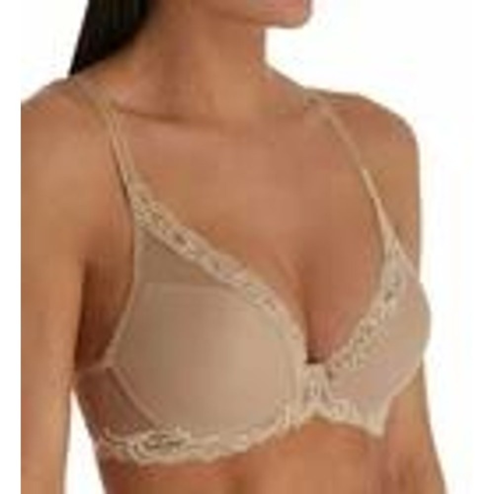 Natori Feather Coutour Plunge Underwire Bra 36D Tan Beige Lace Mesh Lingerie